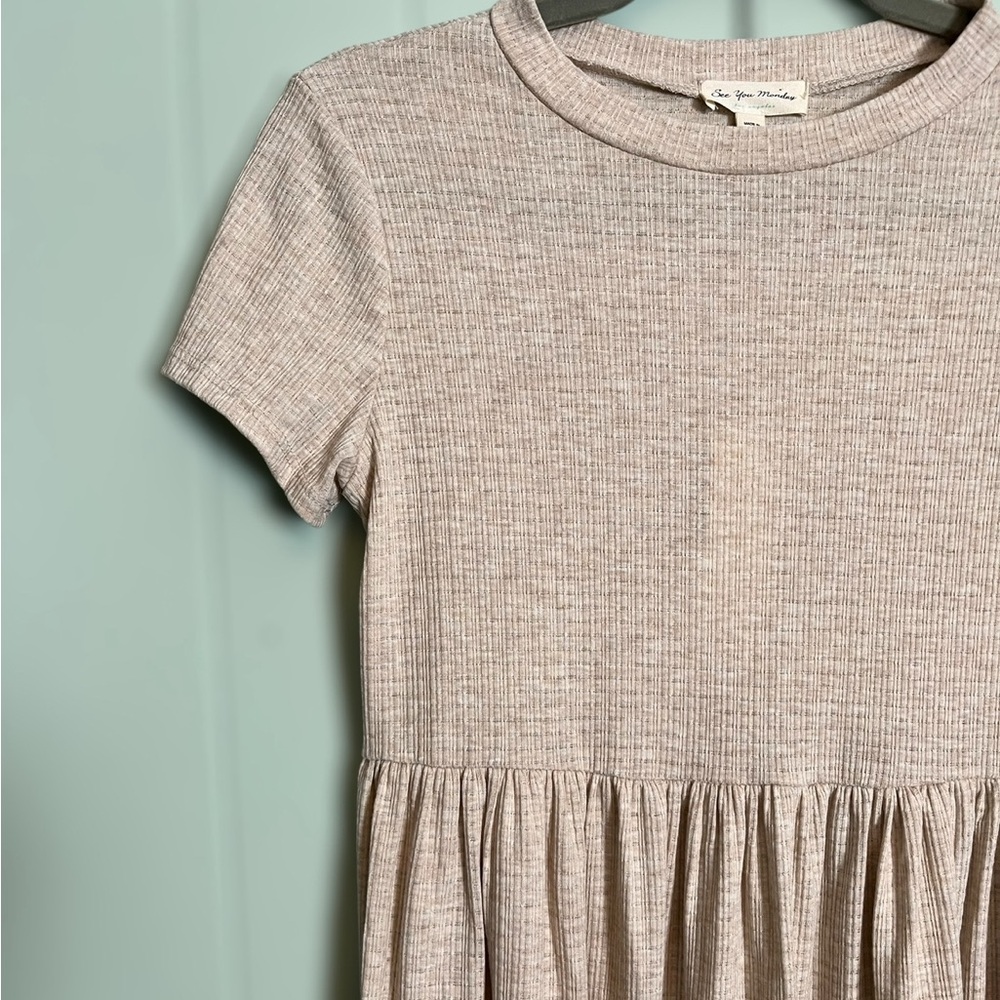 See You Monday - Baby Doll T-Shirt Dress - Tan/Cream - Picture 3 of 11